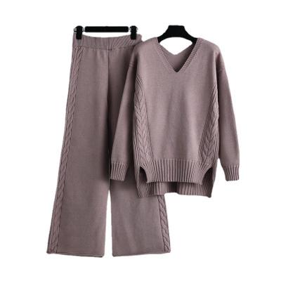 China New Lady Clothes Fashion Casual Breathable Knitting Set Two Piece Sweater Top and Pants Suit Wholesale for sale