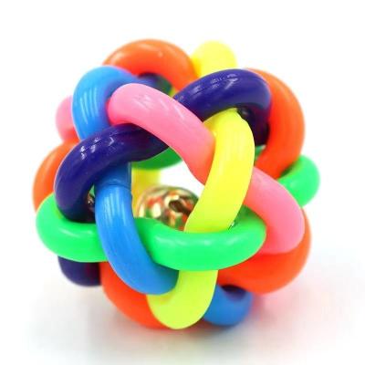 China Stocked Colorful Weaving Bell Ball Braided Round Ball Rubber Dog Toy for sale