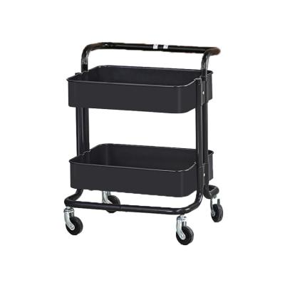 China Newly Design Modern Kitchen Kitchen Beauty Four Wheel Vegetable Hand Carts Makeup Organizer Double Tier Black Rolling Cart for sale