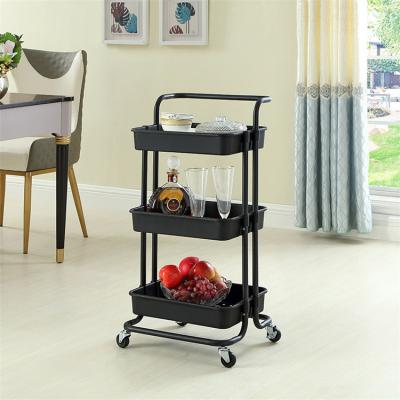 China Newly Design Modern Kitchen Beauty Four Wheel Vegetable Hand Carts Makeup Organizer Black Three-Tier Rolling Rolling Cart for sale