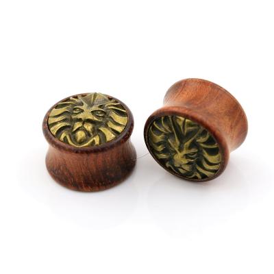 China Cartilage Lion Pattern Ear Expander Saddle Colors Original Wooden Ear Plug High Quality Hot High Quality Attractive New Earrings Ear Plugs for sale