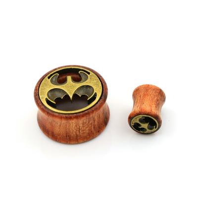 China Attractive high quality cartilage earrings gauges original wooden double hole flare with bronze exterior inlay bat ear tunnel INTERESTING for sale