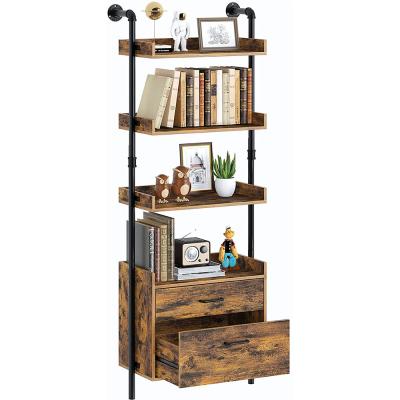 China Modern Wall Mounted Shelf with 2 Drawers, Industrial 4-Tier Display Bookcase with Metal Frame, Rustic Brown Storage Rack Shelf for sale