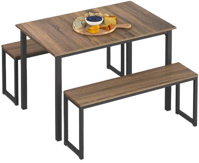 China Modern Set of 3 Wood Breakfast and Metal Dining Table Set with Two Benches Industrial Brown for sale