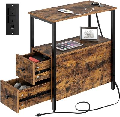 China Industrial end table with the charging station, Narrow side table with 2 wooden drawers and USB ports and sockets for sale