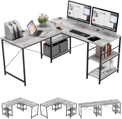 China Rotating L Shaped Desk with Shelves Computer Desk Game Writing Storage P2 Reversible Corner Panel with 3 Cable Holes for sale