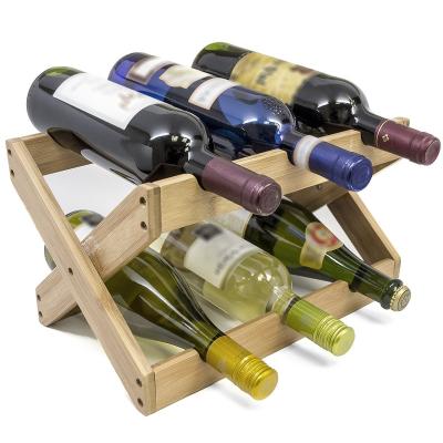 China Sustainable Foldable Countertop Bamboo Wine Bottle Display Rack For 6 Bottles for sale