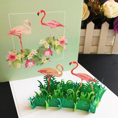 China Funny Europe Flamingo 3d Pop Up Card DIY Laser Cutting Paper Invitation Greeting Card for sale