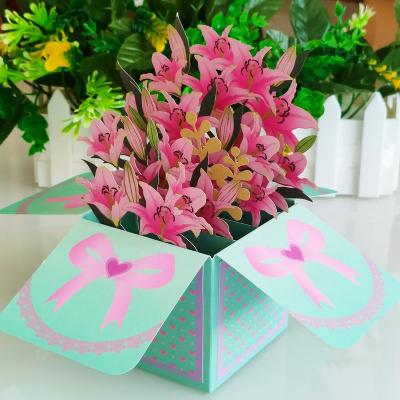 China Europe Design Original Beauty 3d Pop Up Lily Flowers Box Card Printed Pop Up Wedding Invitation Greeting Card for sale