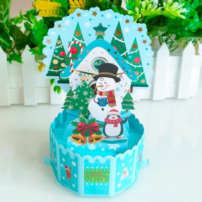 China New Europe Design Snowman 3D Pop Up Christmas Box Cards Paper Laser Cutting 3d Christmas Cards Pop Up Box New Year Cards for sale