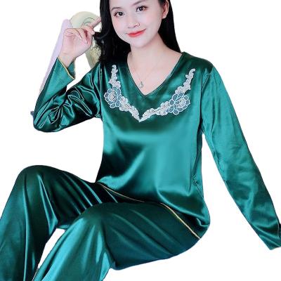 China Other women's silk pajamas sets and autumn silk lace sleeve long plus size korean slim homewear set for sale