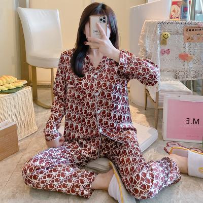 China QUICK DRY Women's Silk Pajamas Suit Long Sleeve Pants Loose High End Home Wear Two Piece Pajamas Suit for sale