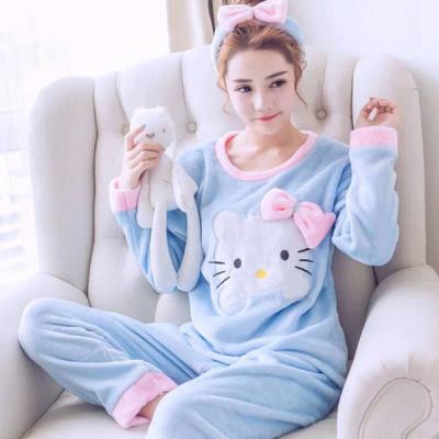 China Autumn and winter breathable fleece coral Korean style two-piece set of cute flannel women's pajamas new suitable for daily wear homewear for sale