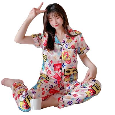 China QUICK DRY Pajamas Women Sets Silk Cardigan Lapel Party Home Service for sale