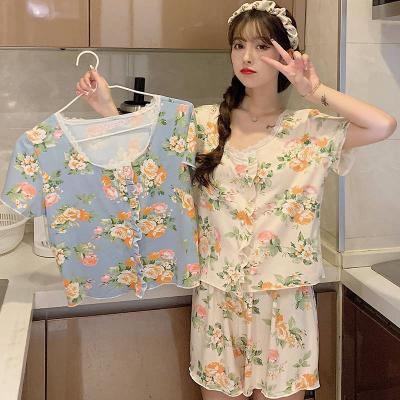 China Two Piece Homewear Set FloralvCollar Short Sleeve Cardigan Sweater Summer Other Style Floral Pastoral Women Pajamas for sale