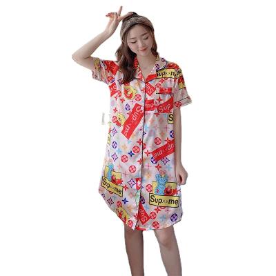 China Other Women's Loose Soft Silk Nightgown Summer Shorts Sleeve Ice Artificial Silk Thin Skirt Pajamas for sale