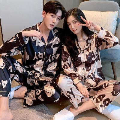 China Others Couples Pajamas Womens Silk Cardigan Long Sleeve Pants Mens Home Wear Pajamas Set for sale