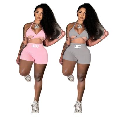 China K21S01849 Casual LOGO Streetwear Halter Bra Short Pants Crop Top Vest Women Set Two Piece Rompers Custom Made QUICK DRY Solid Lace Up for sale