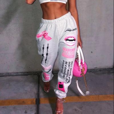 China Anti-wrinkle 2021 autumn design chic sports tracksuits fashion women's graphic joggers graffiti pattern drawstring long pants casual sweatpants FD280 for sale