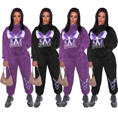 China Wholesale Clothing Vendor Women Joggers Fitness Anti-pilling Sweat Suits Pull Over 2 Piece Outfit Women's Butterfly Cotton Sweat Suit Joggers for sale