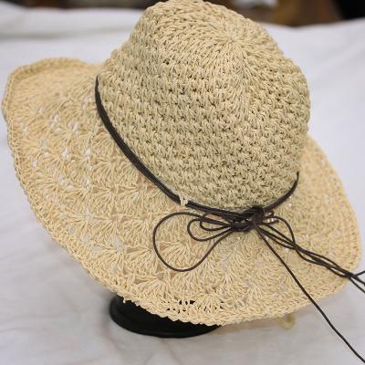 China Picture summer beach hats for women crochet straw bucket hat with decoration string bow brim wide sun hat for sale