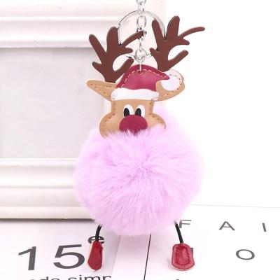 China Bag fur dangling ball key chain checked manufacturer polyester fiber pom pom key chain wholesale material fur and pu elks for sale