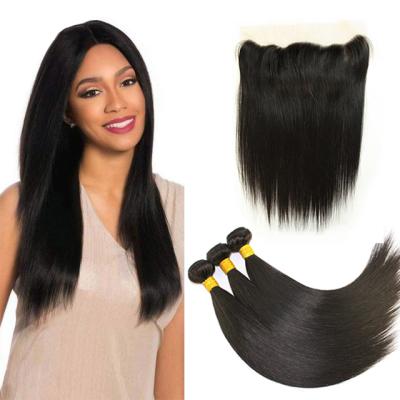 China No tangling Factory Wholesale Price 10A Grade Cuticle Aligned Virgin Peruvian Straight Hair Bundles With 13X4 Lace Headband for sale