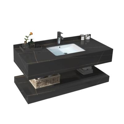 China Gootsteen Zwart Porcelain Modern Solid Outdoor Artificial Stone Wall Double Basin Hung Cabinet Basin Bathroom Vanity Sink for sale