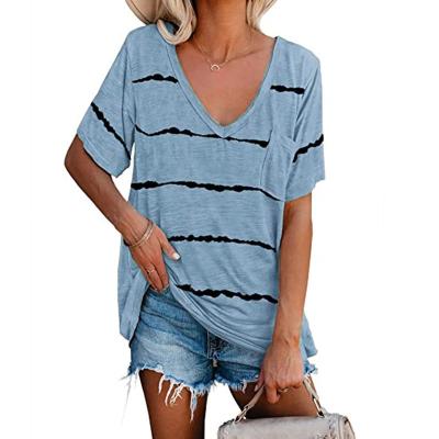 China Anti-Wrinkle Plus Size Womens Tops Womens Striped T-Shirts 2021 Women V Neck Print Blouse Shirts for sale