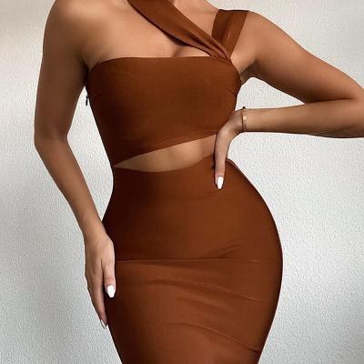 China Anti-Static Women Tilting Hollow High Split Shoulder Dress Party Bodycon Dresses Club Dress for sale