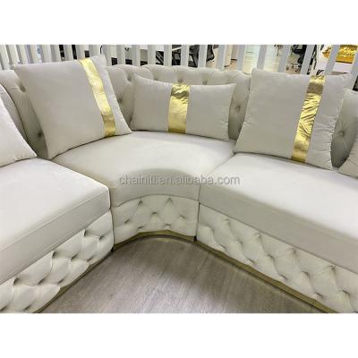 China Modern Home Living Room Adorned Sofa Set Luxury Sectional Couch Button Tufted Upholstered Gold Stainless Steel for sale