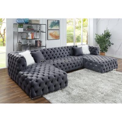 China Modern Home Design Velvet Tufted Fabric Sofa Set Indoor Tufted Sectional Sofa With Double Chaise for sale