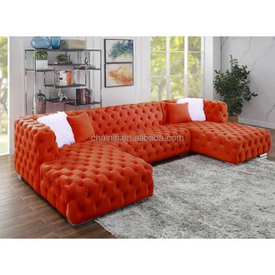 China Popular Modern Luxury Double Upholstered Tufted Living Room Chaise Sectional Sofa Tufted Sofa Set for sale