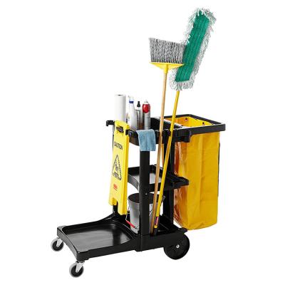 China PP Hotel Janitors Black 3 Shelves Wheeled Concierge Cart With Yellow Vinyl Zippered Bag for sale