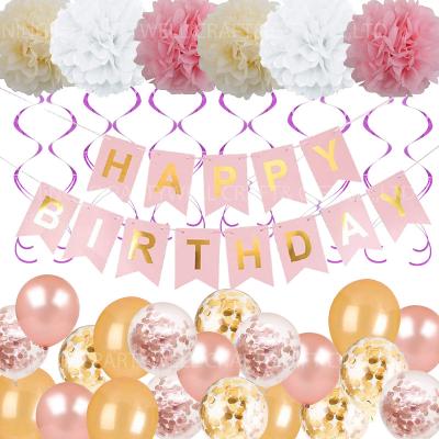 China Happy Birthdau Party Happy Birthday Decorations, Birthday Party Supplies for Girl and Women with Banners Rose Gold Balloons and Swirls for sale