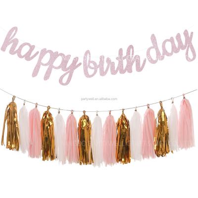 China Happy Party Rose Gold Birthday Party Decorations from Birthdau, Glitter Rose Gold Happy Birthday Banner and Tissue Paper Tassel Garland for Birthday Party for sale