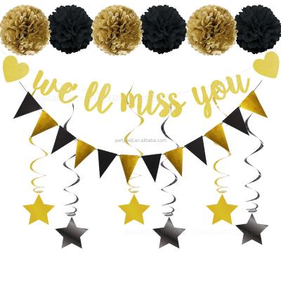 China For Retirement Farewell Going Away Work Change Party Black Gold Party Decoration Supplies Kit We Will Miss You Banner Triangle Flag Star Swirl Pom Poms For Retirement Farewell Party for sale