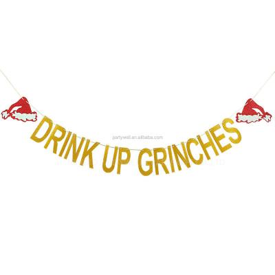 China Glittery Drink Up The Grinches Christmas Hat Banner Gold Glittery Drink Up The Grinches Christmas Hat Banner Christmas Party Holiday Decoration Supplies for sale