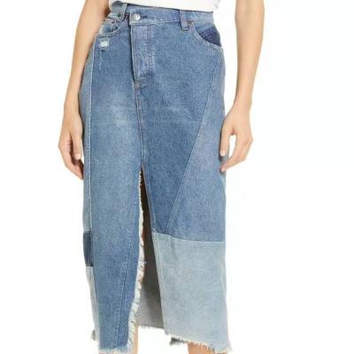 China Breathable Women's Two Tone Patchwork Design Washed Denim Length Skirt A Shape Medium Skirt for sale