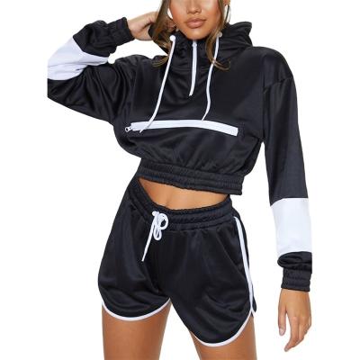 China Breathable fabrication custom design crop hoodie pocket and shorts set zipper tracksuit for women for sale