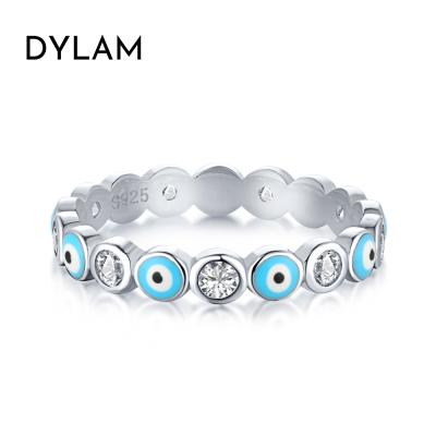 China 2021 Dylam Wholesale Luxury Fashion Jewelry 18k Nickel Free Plated Blue Enamel Evil Eye Form 5A Zircon S925 Silver Rings for sale