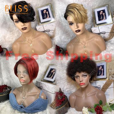 China Free Shipping Cheap Short Pixie Cut Human Hair Wigs Pixie Cut Happiness Short Wigs For Black Women Ship From IT for sale