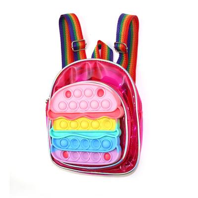 China New Rainbow Push Bubble School Package Bag Snap Toys Mochila Poppings Backpack 26*22*10cm for sale