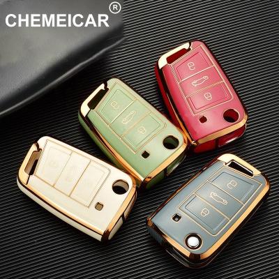 China VW Soft Shell For VW TIGUAN L golf 7 Passat Skoda Octavia New Gold Edge TPU Car Key Case Cover Key Protection for sale