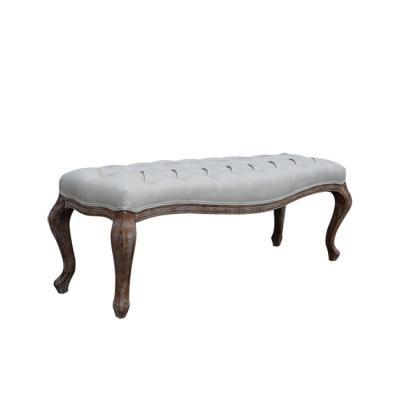 China Antique French Ottoman Bench Button Tufted Canvas Fabric Frame Upholstery Stool Solid Wood Bench for sale