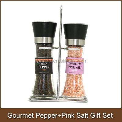 China Cheap Gourmet Black Peppercorn 110g and Salt Crastal 210g Himalayan Pink Gift Set with Adjustable Recyclable Refillable Grinder for sale