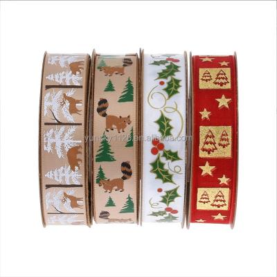 China Size 3 Ink and Gold Foil Printed Artwork Ribbon Customized Merry Christmas Deer and Three Christmas OEM Polyester Satin for Gifts Wrapping for sale