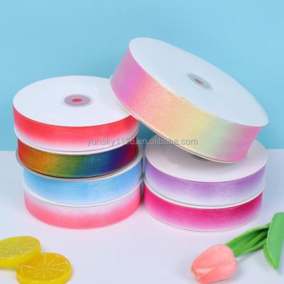 China Hot Wholesale 15mm/25mm/38mm Bows Printed Rainbow Ribbon For Gift Wrapping Festival Bows DIY Decoration Polyester Organza Ribbon for sale