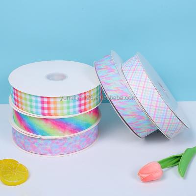 China Custom Ribbon Low Moq Cheap Grid Gold Foiling Logo Digital Printed Grosgrain Ribbon 3.8cm Width And Good Quality For Bows Decoration for sale