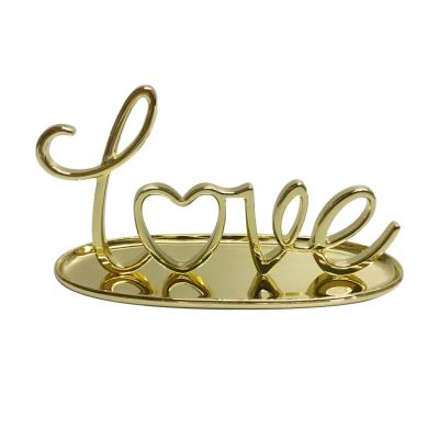 China Decorative Gift Metal Gold LOVE Jewelry Tray Jewelry Ring Holder For Valentine's Day for sale